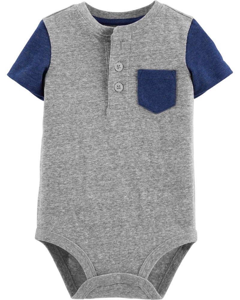 OSHKOSH B'gosh Osh Kosh Baby Boy's Pocket Henley Bodysuit Shirt, Grey/Blue, 9 Months - Image 1